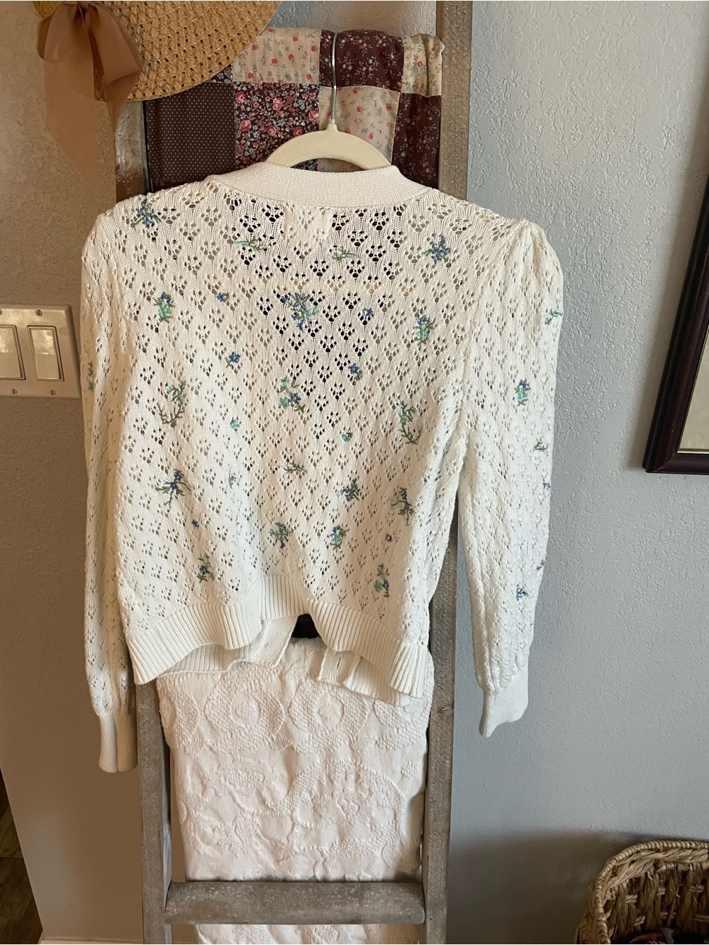 Willow & Wind Cream Openwork Cardigan with Blue and Green Floral Embroidery - Picture 6 of 6